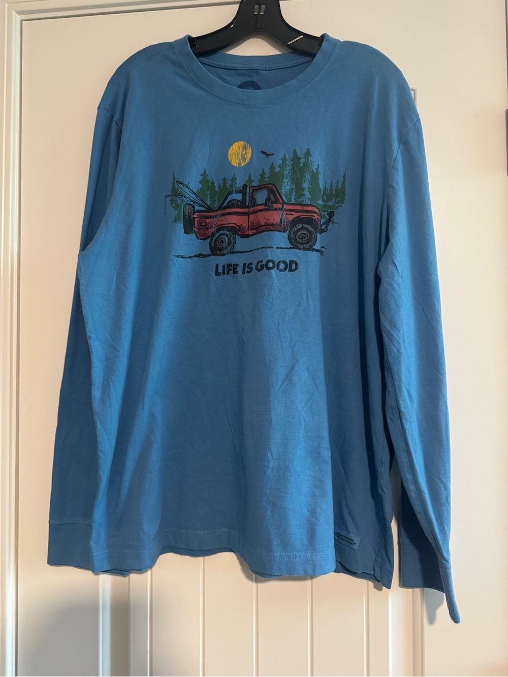 Life Is Good Men's Teal Blue Long-Sleeve Graphic Tee with Red Truck